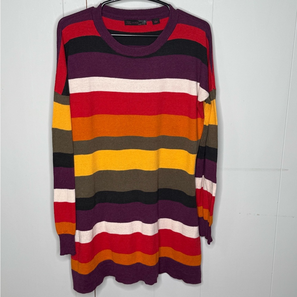JW Style Colorful Rainbow Striped Women's Sweater with Pockets